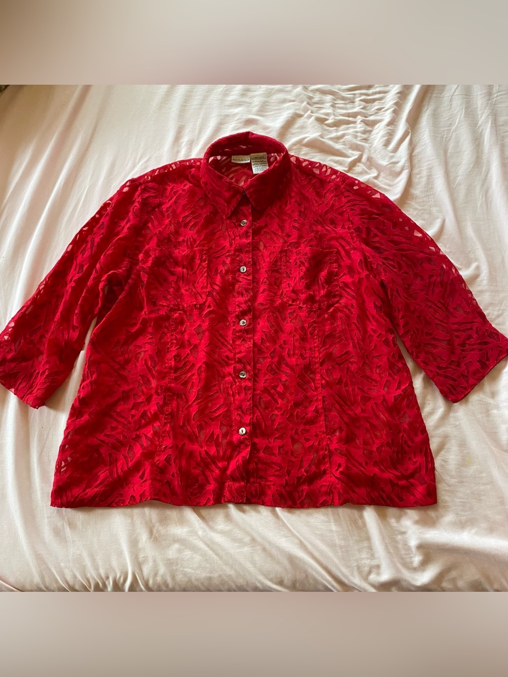 Vintage White Stag Red Lace Semi-Sheer Button Up Blouse